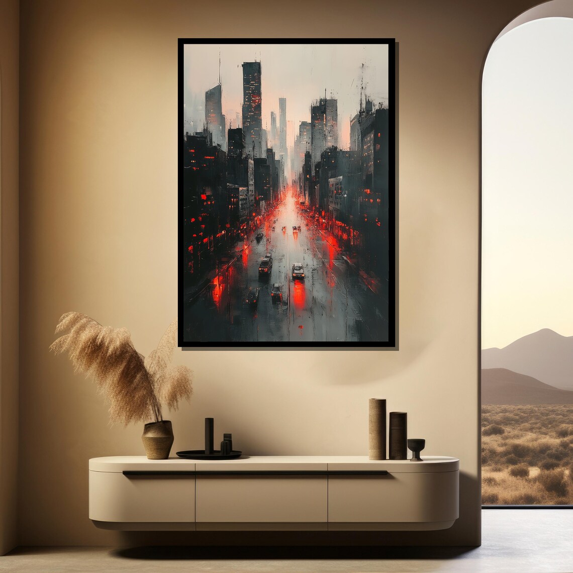 Urban Rainy Night City Street Red Lights Wet Road Art Poster - Image 4