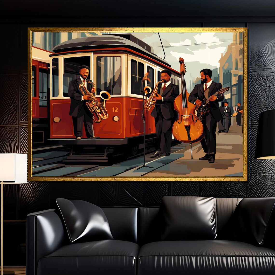 Jazz Trio Street Musicians Vintage Red Tram Retro Wall Poster