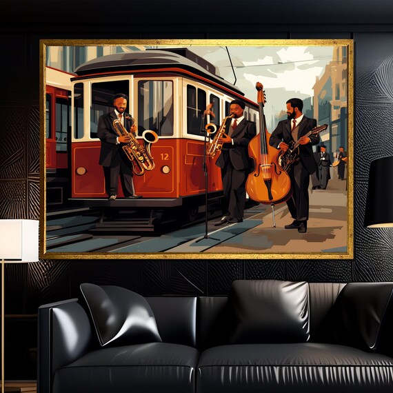 Jazz Trio Street Musicians Vintage Red Tram Retro Wall Poster