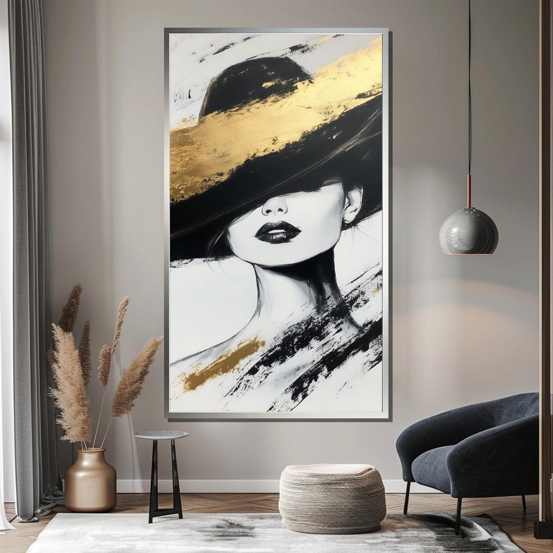 Abstract Woman Portrait In Black White And Gold With Hat Poster - Image 4