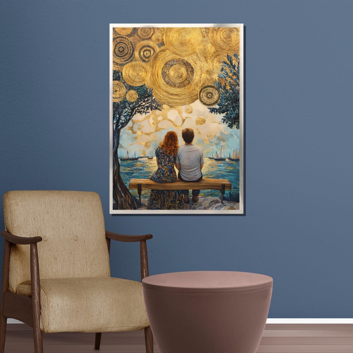 Golden Sunset Couple On Bench Watching Sailboats Sky Art Poster - Image 4