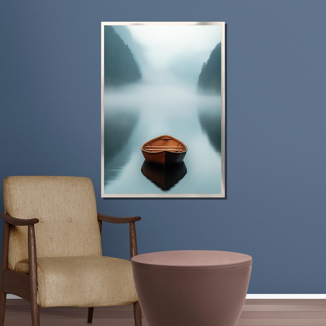 Minimalist Misty Lake Boat Foggy Blue Mountain Serene Art Poster - Image 3