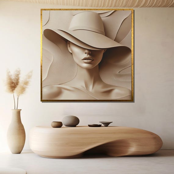 Elegant Woman In Beige Painting Minimalist Wall Art Gift Modern Fashion Inspired Home Decor Stylish Artwork