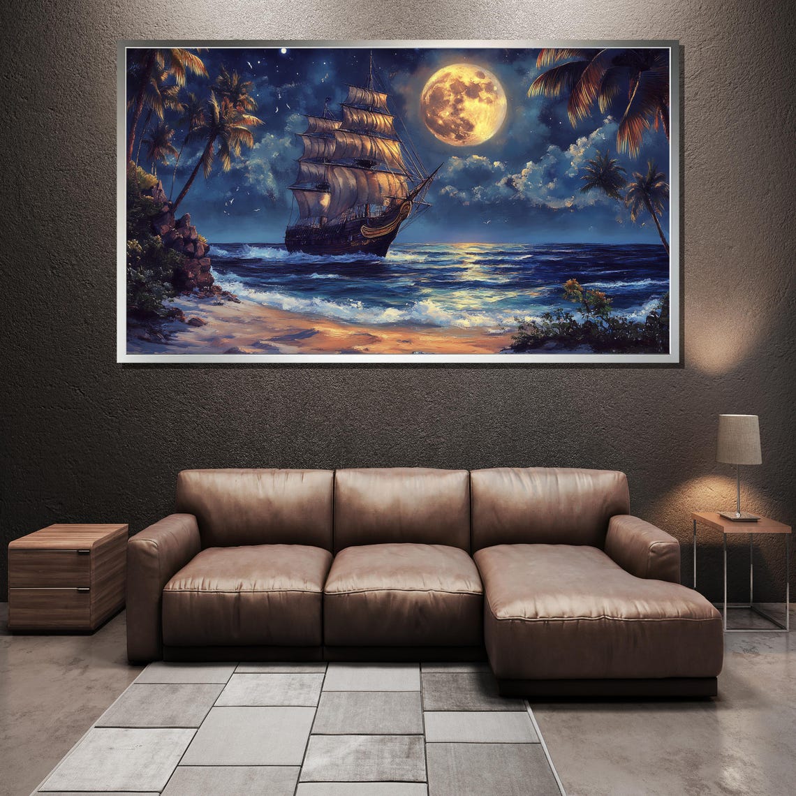 Moonlit Tall Ship Tropical Beach Full Moon Night Seascape Poster - Image 3