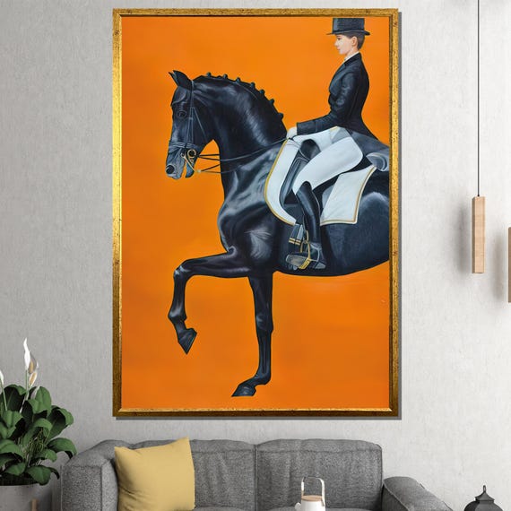 Equestrian Rider Modern Wall Art Bold Black Horse And Orange Background Elegant Dcor Statement