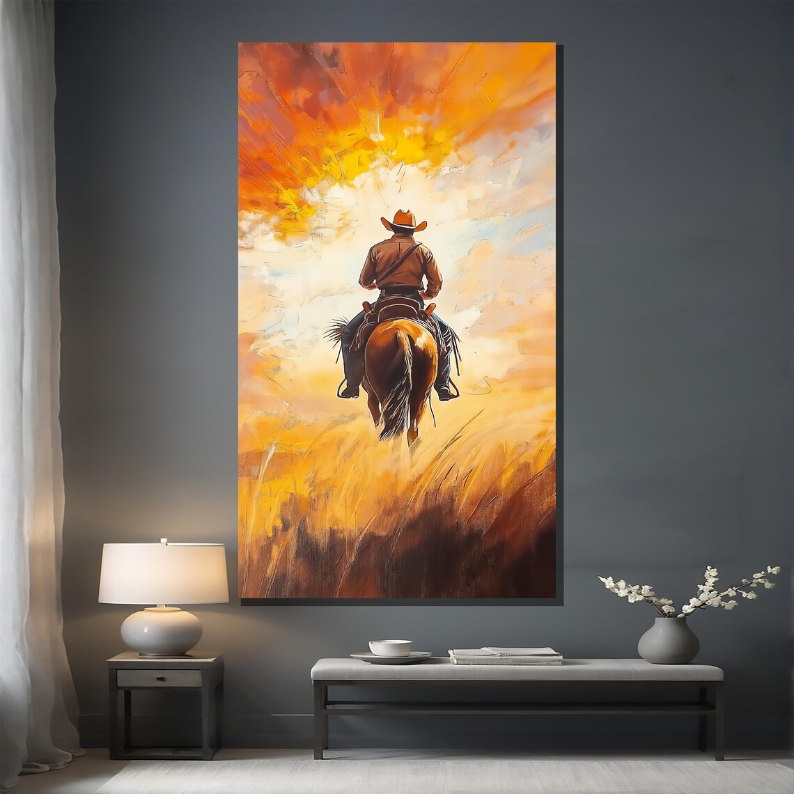 Cowboy Riding Into Sunset Horseback Golden Prairie Western Wall Poster - Image 2