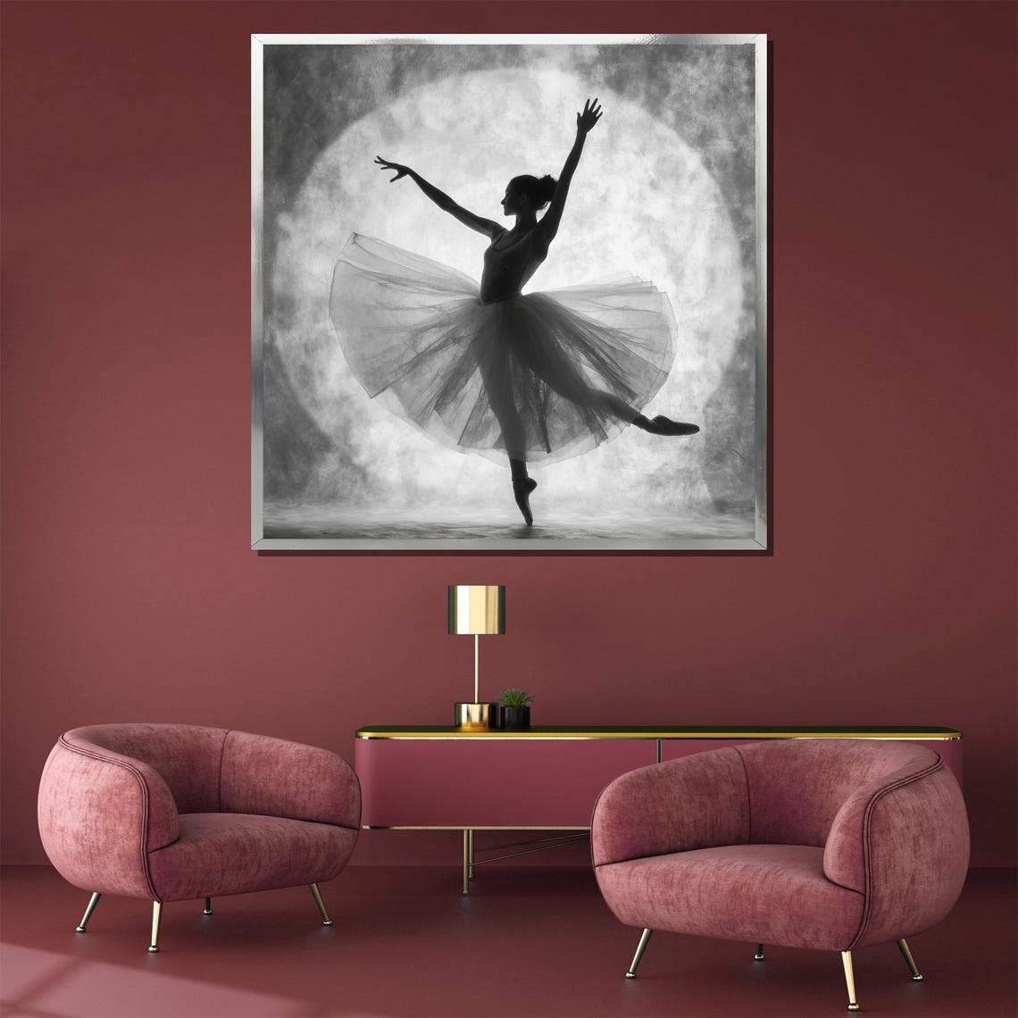 Monochrome Ballerina Dancing Before a Luminous Moon Circle Poster - Image 3