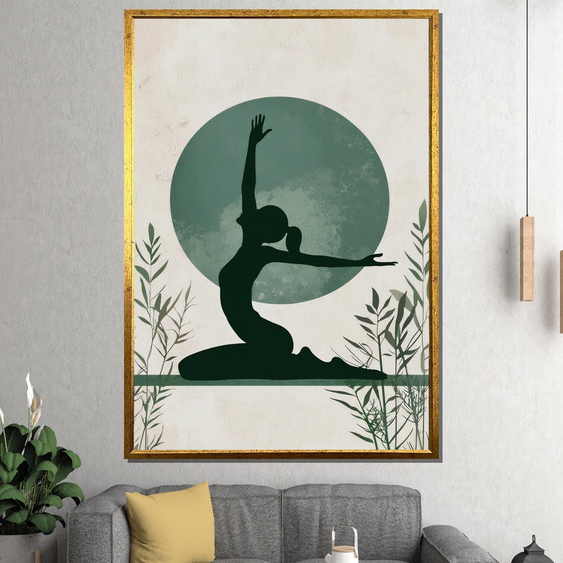 Yoga Silhouette Sage Green Moon Bamboo Minimalist Wall Poster