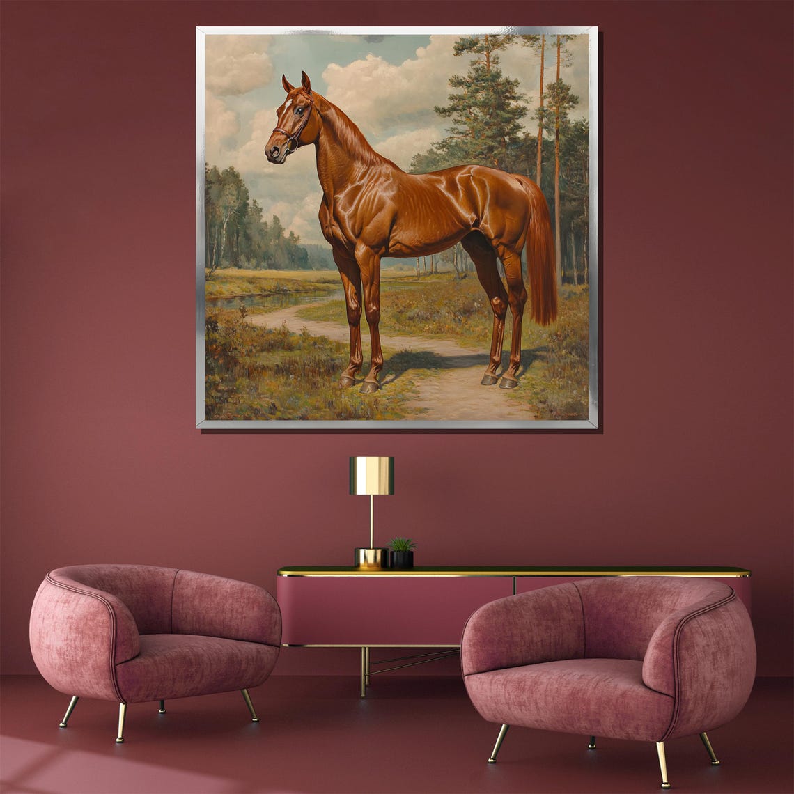Chestnut Horse Standing in a Sunlit Meadow Classic Equestrian Poster - Image 3