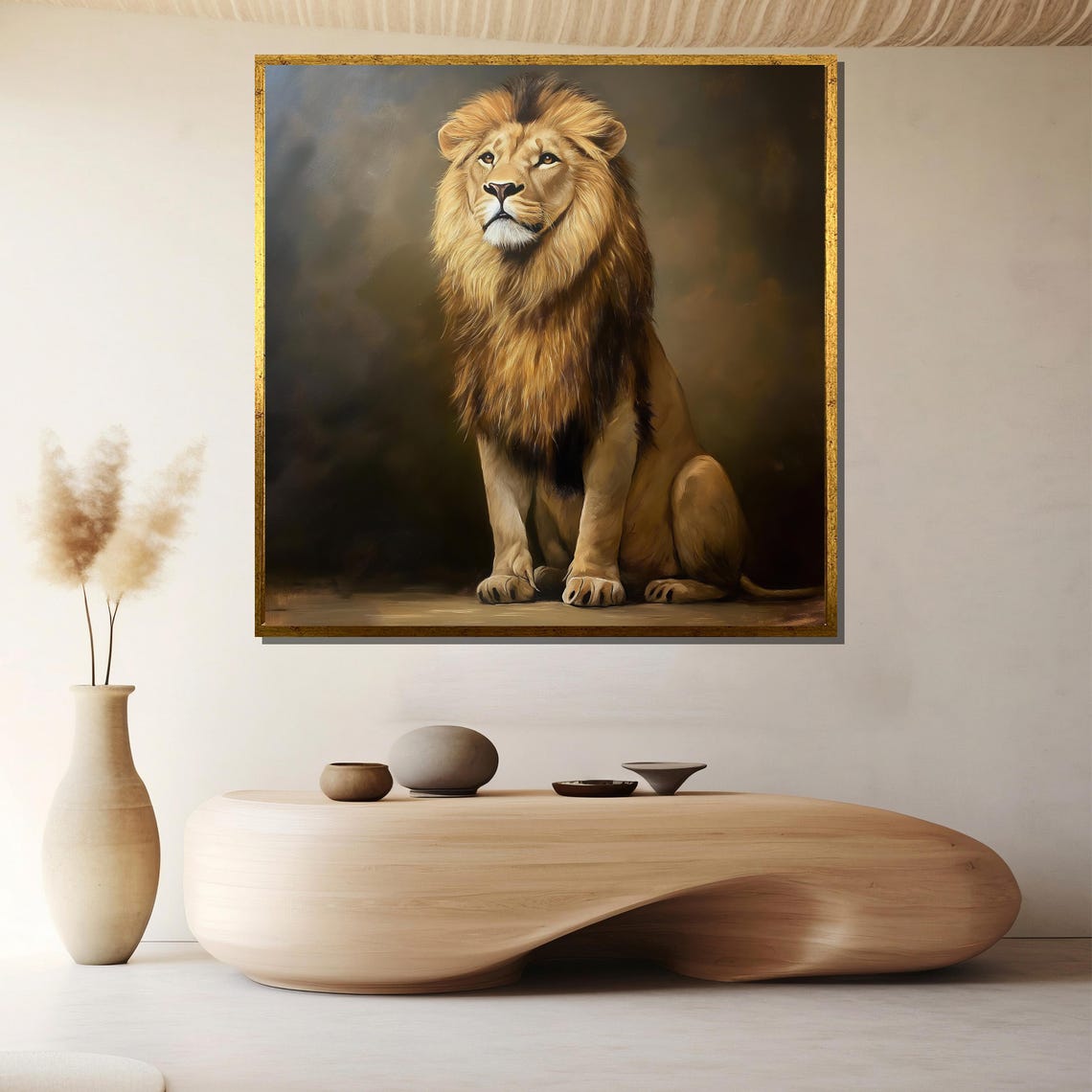 Majestic Seated Lion in a Regal Smoky Gray Portrait Wall Poster