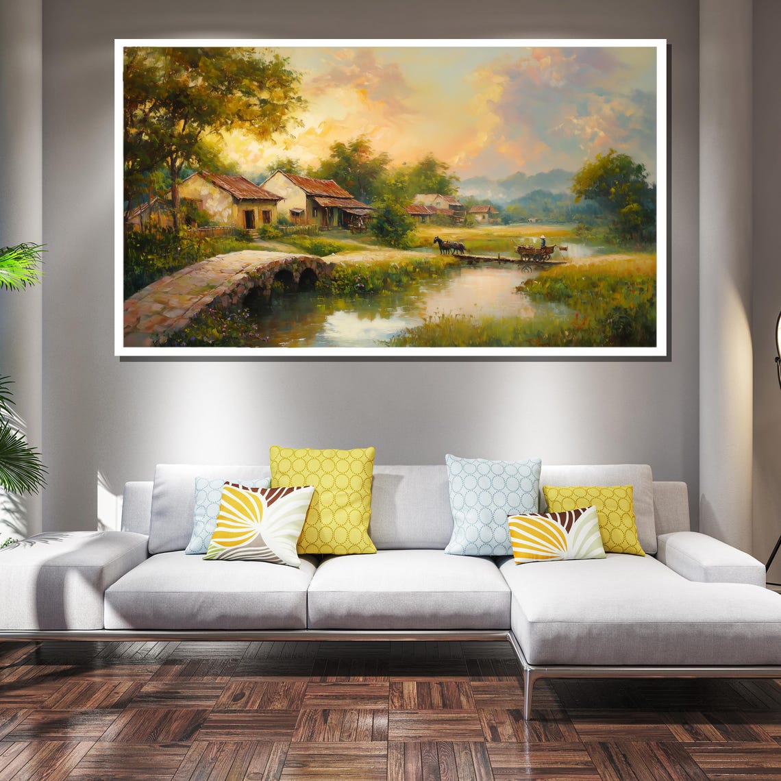 Rustic Stone Bridge Village Stream Horse Cart Sunset Art Poster - Image 2
