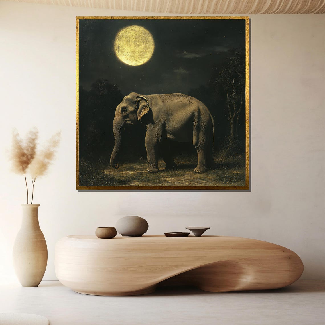 Elephant Under Golden Full Moon On Dark Savanna Night Poster