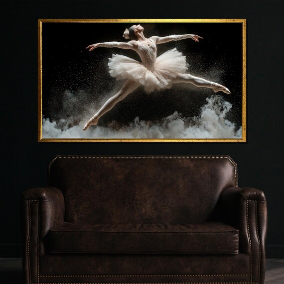 White Tutu Ballerina Leaping Over Glittering Clouds in Dark Art Poster