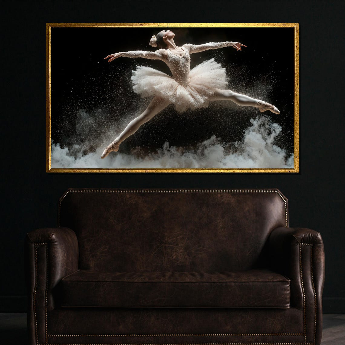 White Tutu Ballerina Leaping Over Glittering Clouds in Dark Art Poster