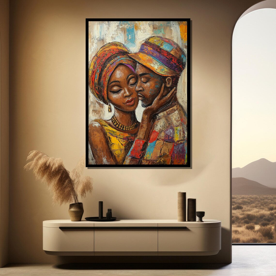 Loving African Couple in Tender Embrace Warm Textured Oil Art Poster - Image 4