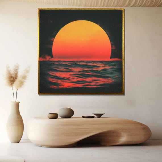 Modern Sunset Ocean Wall Art Abstract Coastal Print Bold Red And Black Design Nautical Home Decor Gift For Art Lovers
