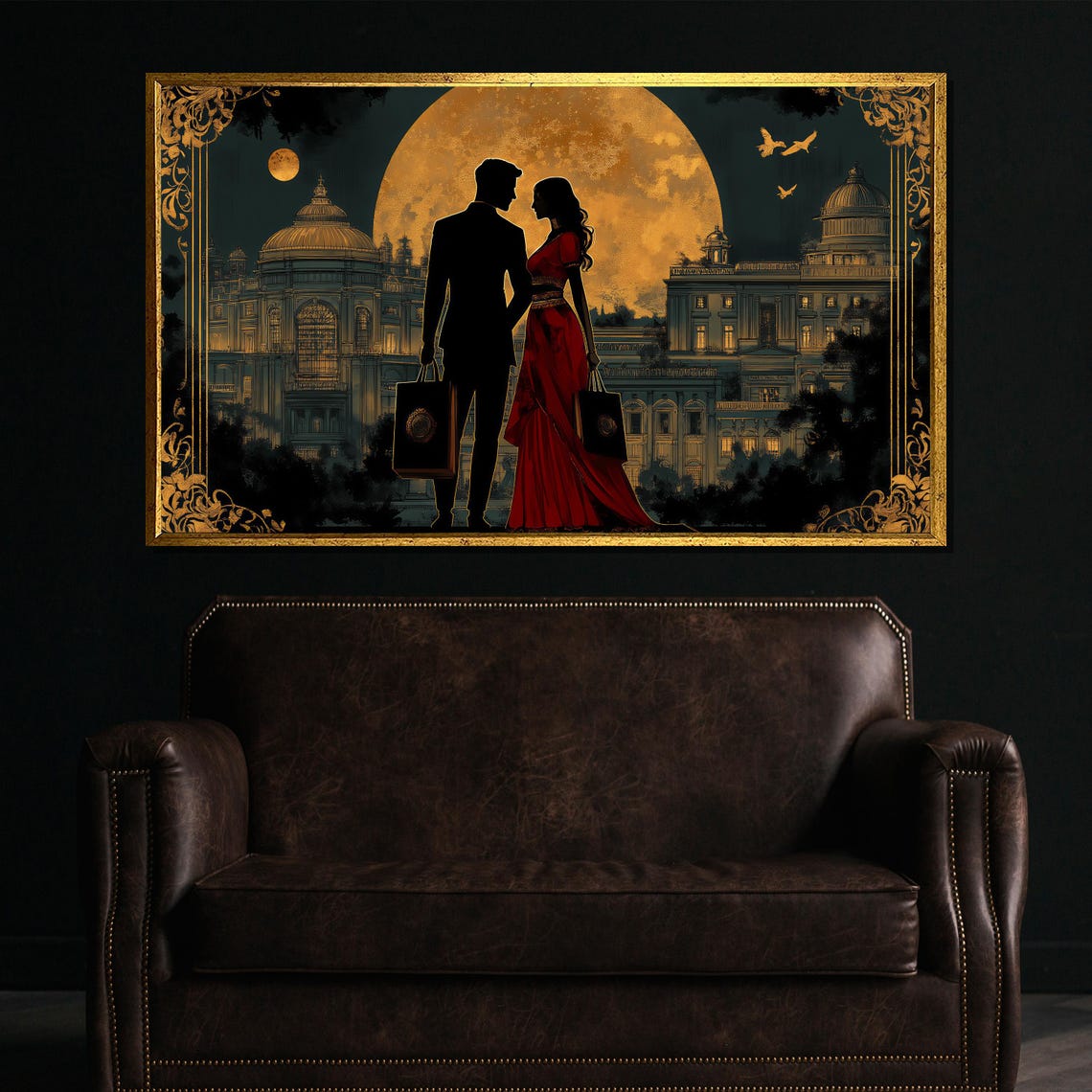 Moonlit Palace Courtyard Couple Silhouette Romance Painting Poster