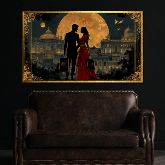 Elegant Couple Silhouette Painting Moonlit Night Wall Art With Vintage Architecture Romantic Gift For Lovers Living Room Decor