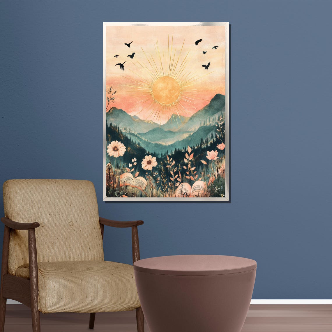 Boho Golden Sun Rising Over Mountains Wildflowers Birds Art Poster - Image 3