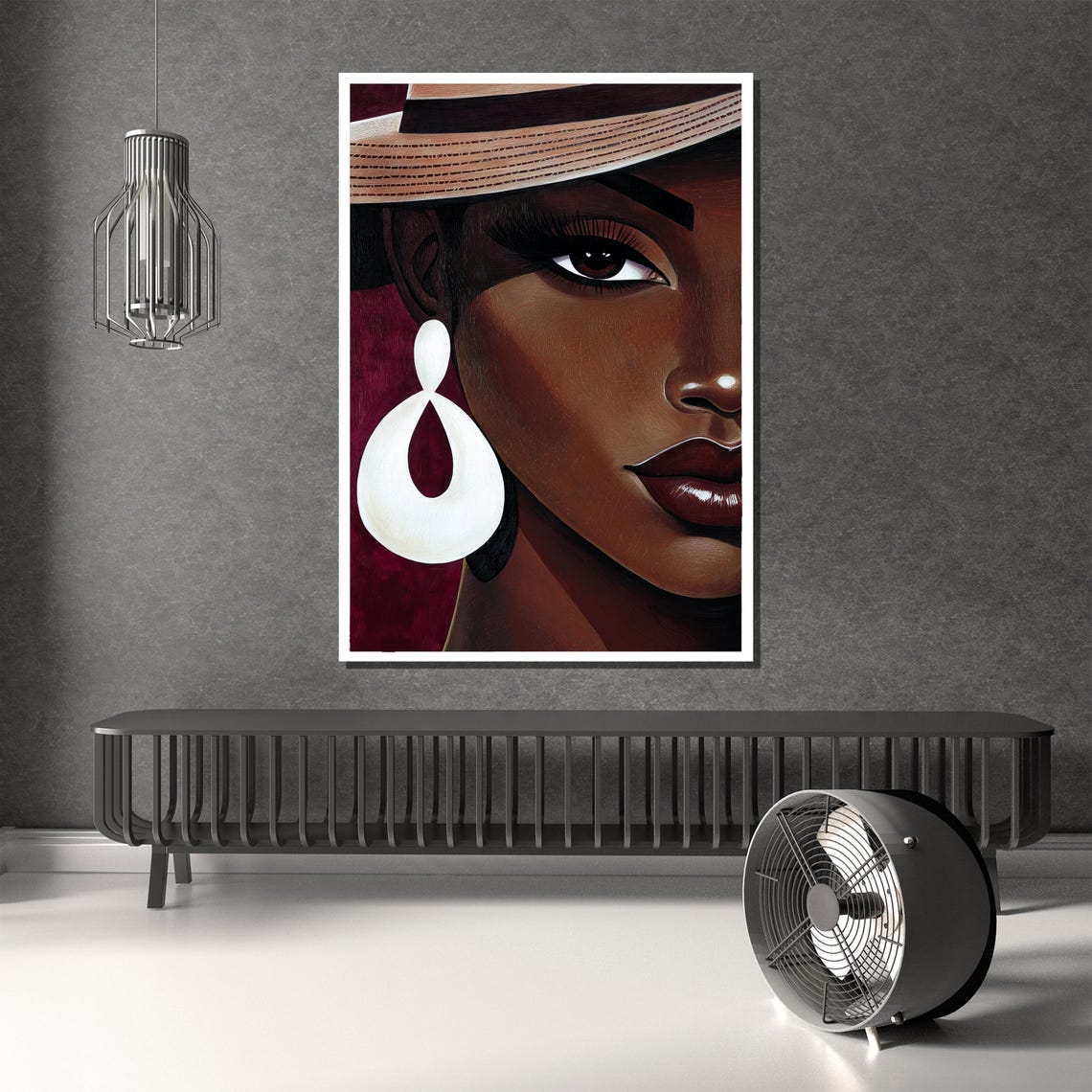 Glamorous Woman in Straw Hat With White Sculptural Earring Art Poster - Image 2
