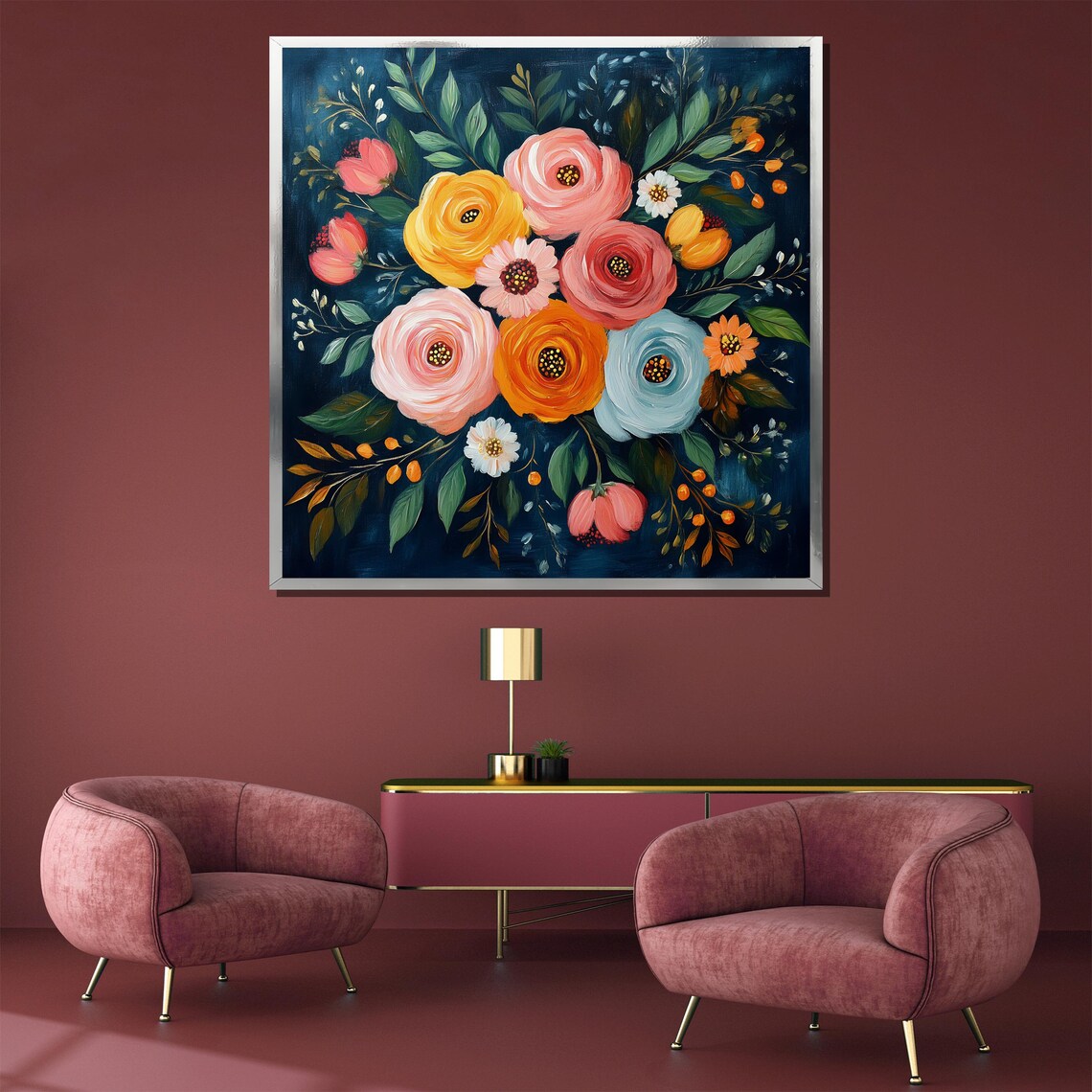 Vibrant Ranunculus Bouquet On Deep Navy Night Floral Art Poster - Image 3