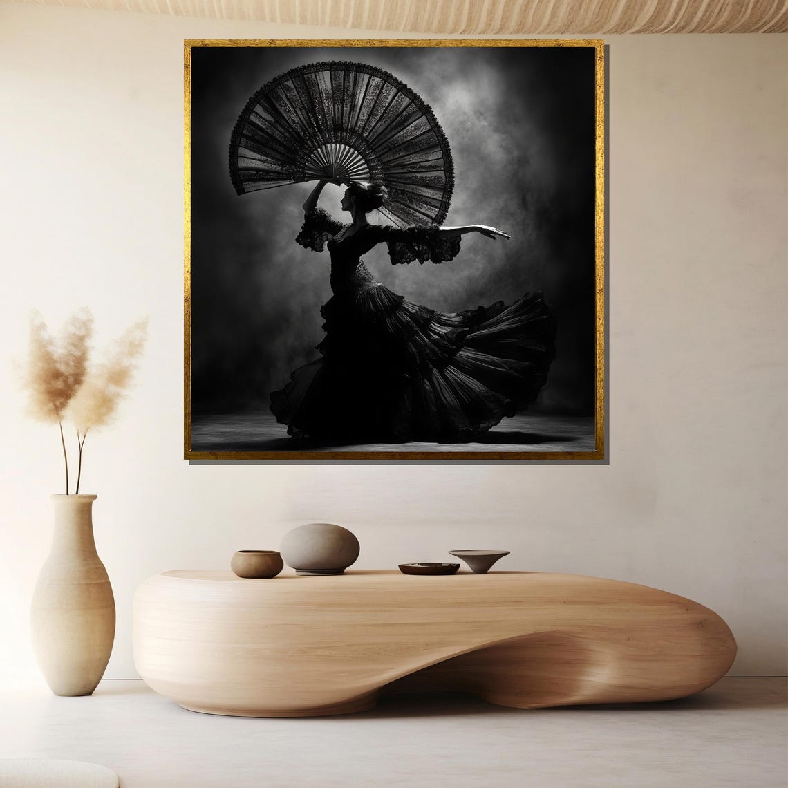 Black and White Flamenco Dancer Holding an Ornate Lace Fan Poster