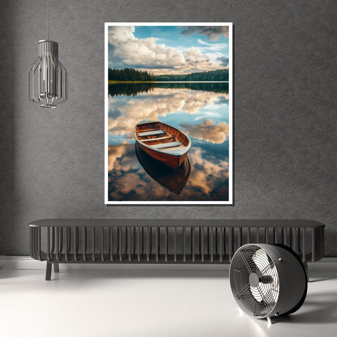 Tranquil Lake Reflection Wooden Rowboat Peaceful Nature Poster - Image 2