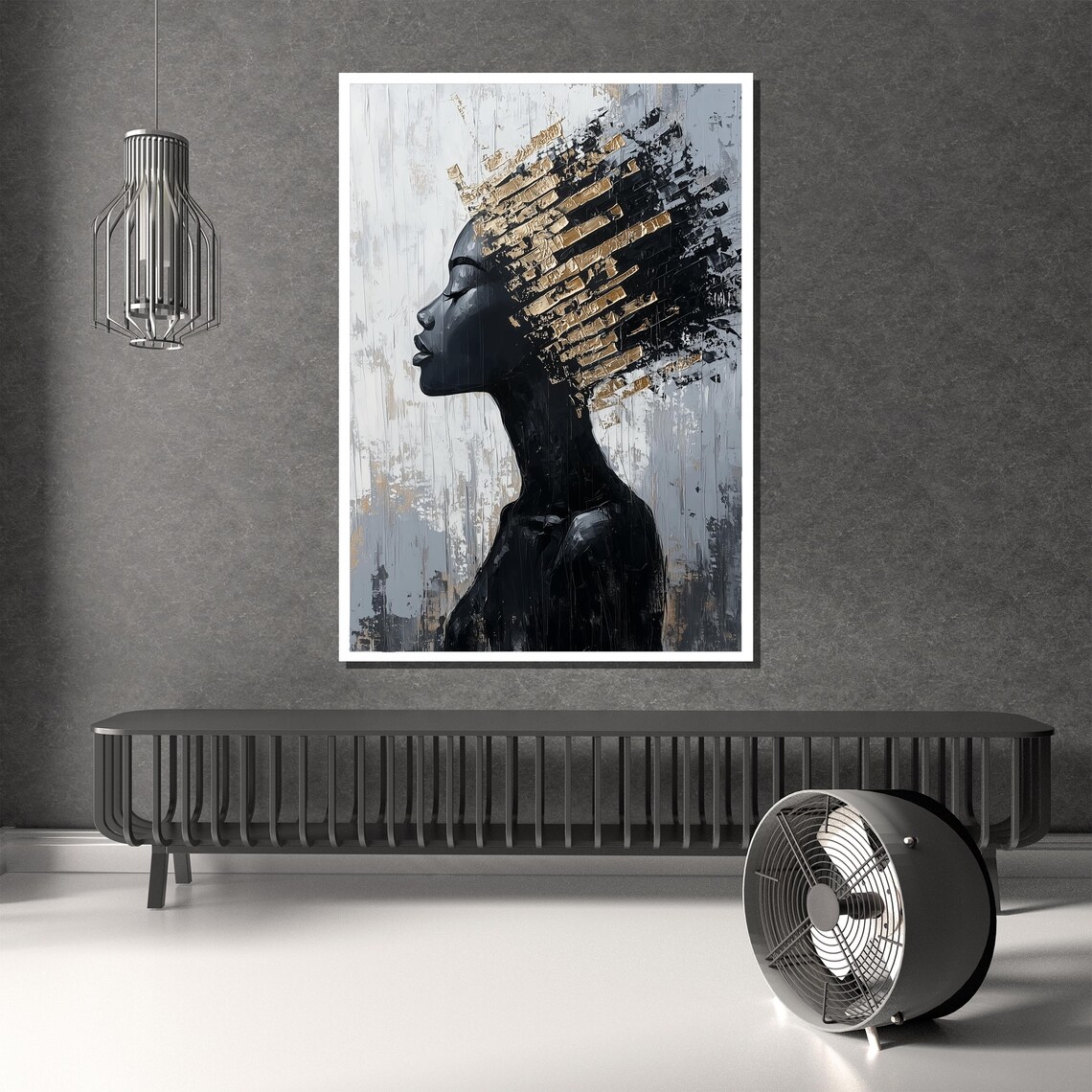 Black Profile Woman With Textured Gold Leaf Hair Modern Art Poster - Image 2