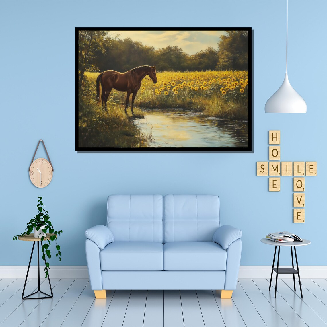 Horse Grazing by a Sunflower Field Near a Quiet Stream Poster - Image 4