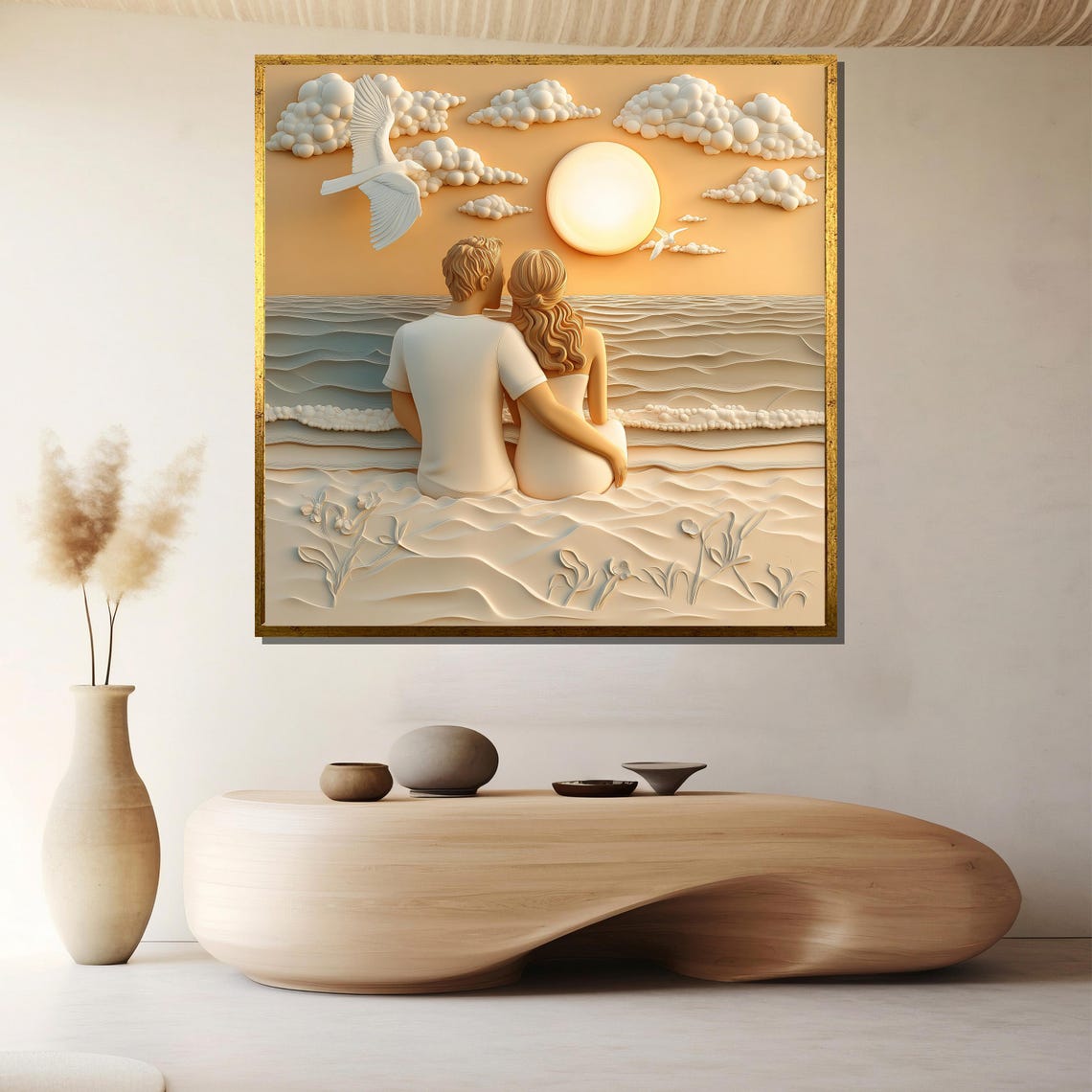 Beach Sunset Romantic Couple Sculpted Relief Waves Clouds Poster