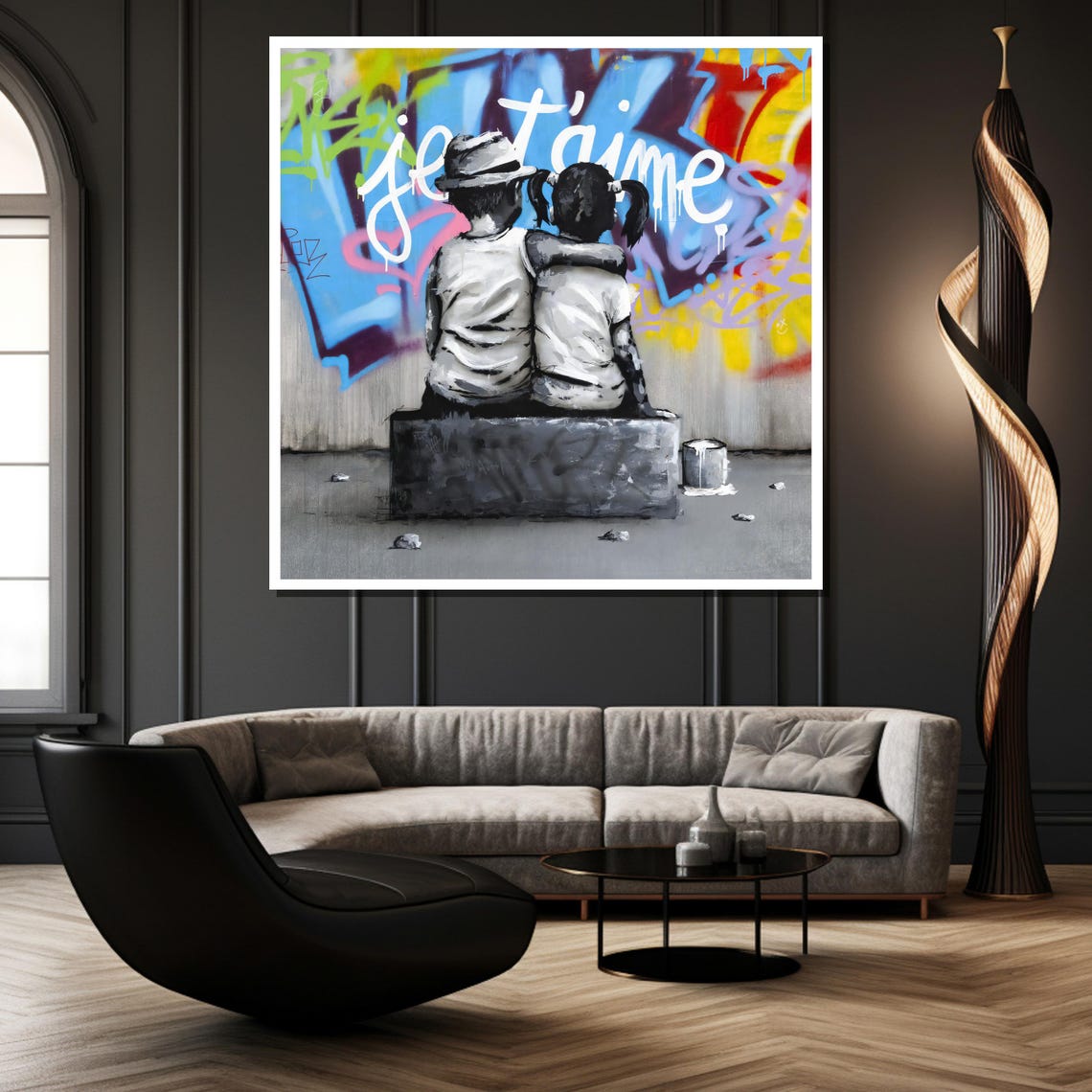 Kids Sitting Before a Je Taime Graffiti Wall Romantic Art Poster - Image 2