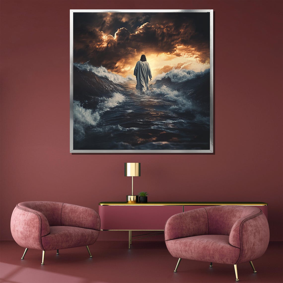 Jesus Walking on Water Stormy Sunset Dramatic Dark Clouds Poster - Image 5