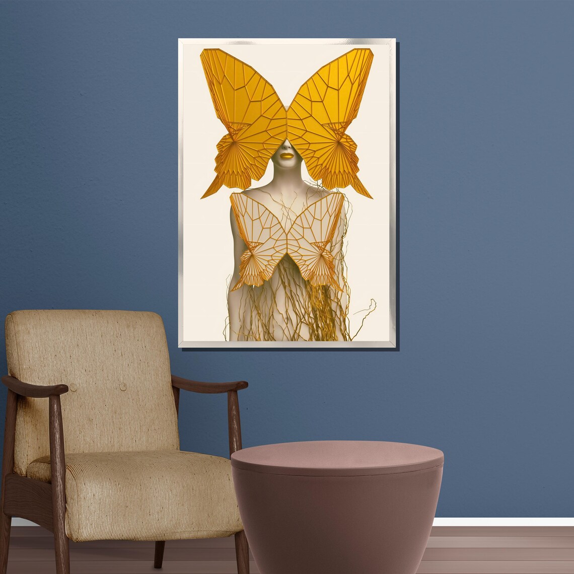 Golden Surreal Butterfly Woman With Geometric Amber Wings Poster - Image 4