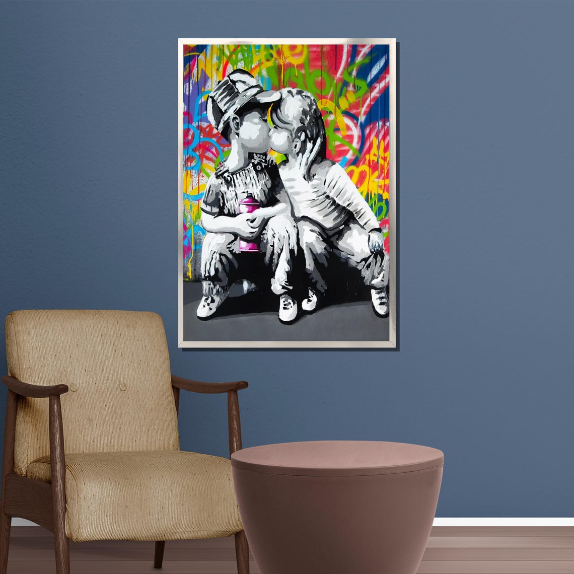 Two Kids Kissing Tenderly In Front Of A Rainbow Graffiti Wall Poster - Image 3