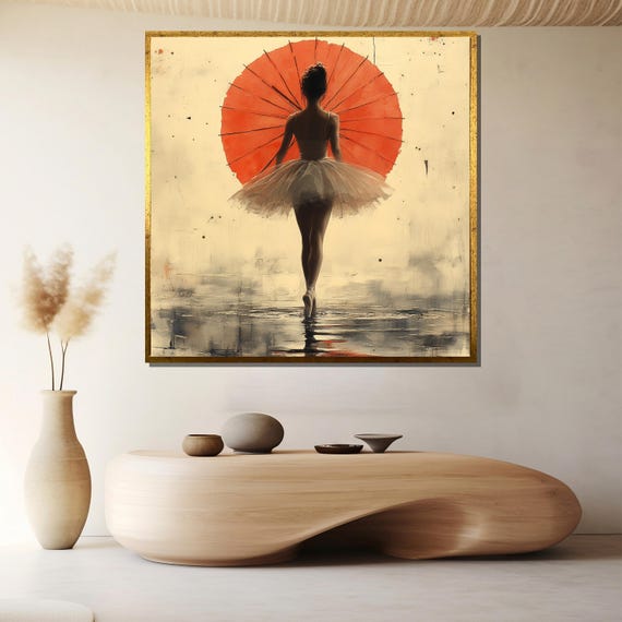 Ballerina With Red Umbrella Painting Elegant Dance Wall Art And Unique Gift For Ballet And Art Lovers