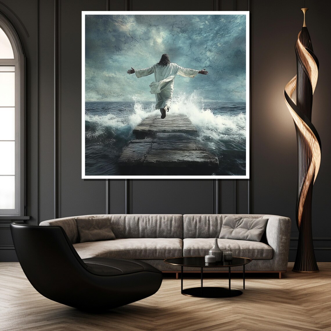 Jesus Walking on Water Teal Storm Arms Outstretched Sea Poster - Image 4