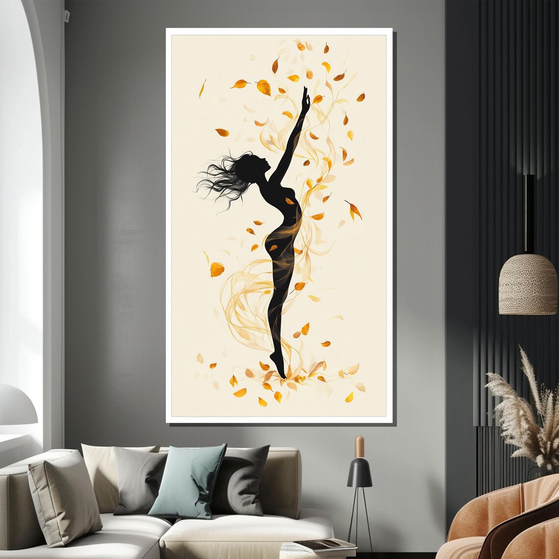 Dancing Silhouette Swirling With Golden Autumn Leaves Poster - Image 2