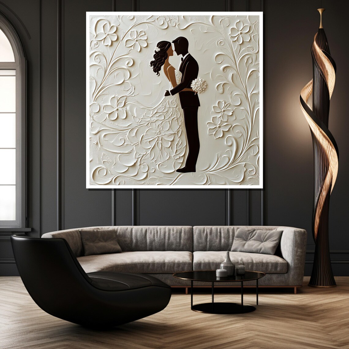 Elegant Wedding Couple White Floral Carved Relief Sculpture Poster - Image 3