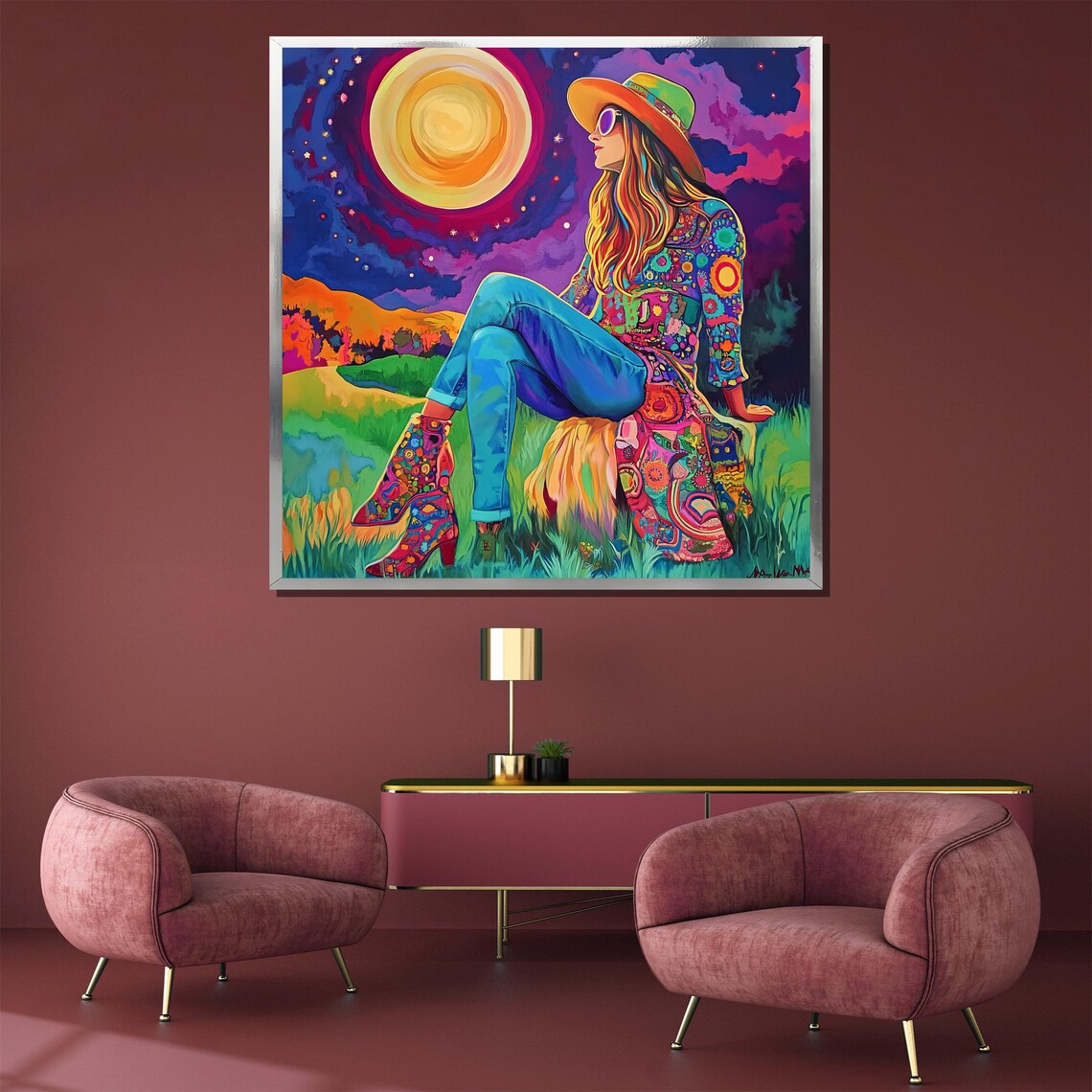 Bohemian Woman Gazing at Giant Moon in Psychedelic Sky Art Poster - Image 3