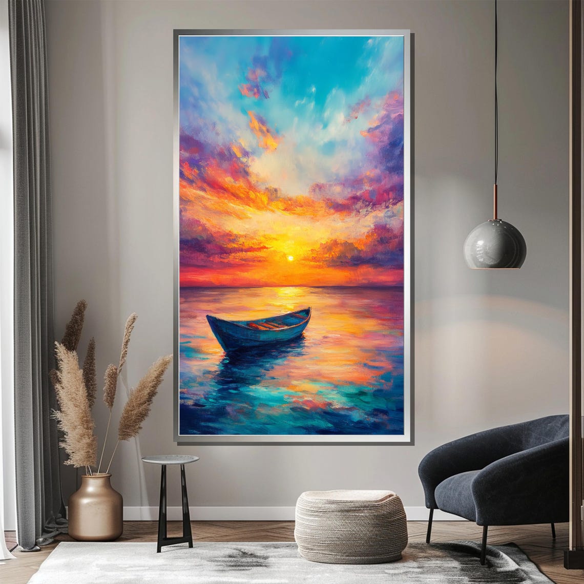 Colorful Vibrant Sunset Rowboat on Calm Ocean Seascape Poster - Image 4