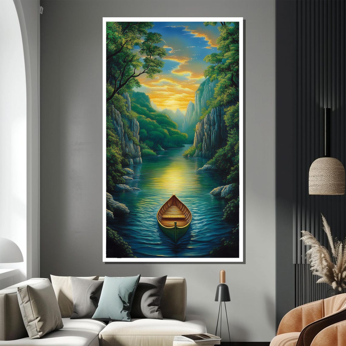 Sunlit River Valley With Wooden Boat And Emerald Cliffs Poster - Image 3