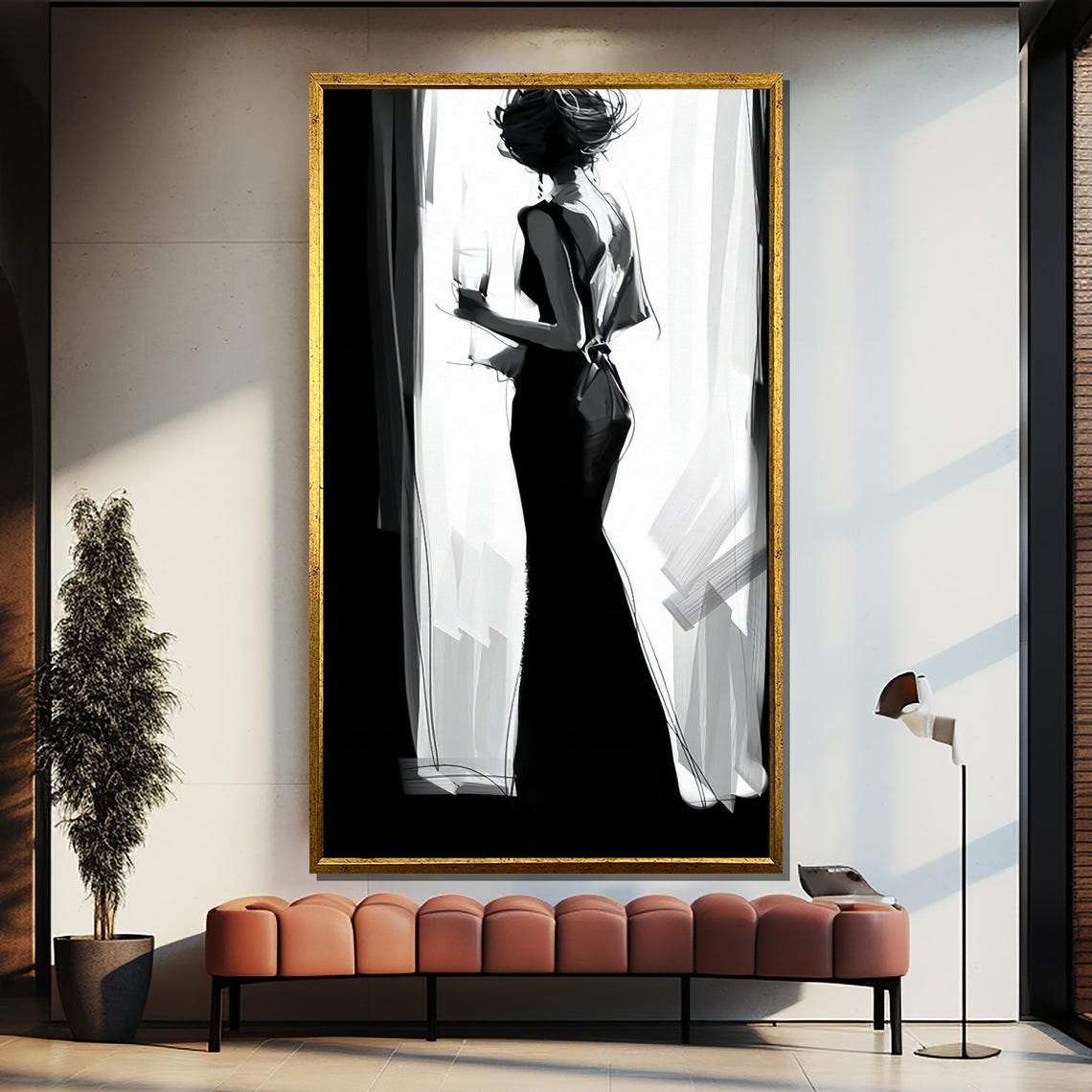 Minimalist Black White Woman Silhouette With Hat And Wine Poster