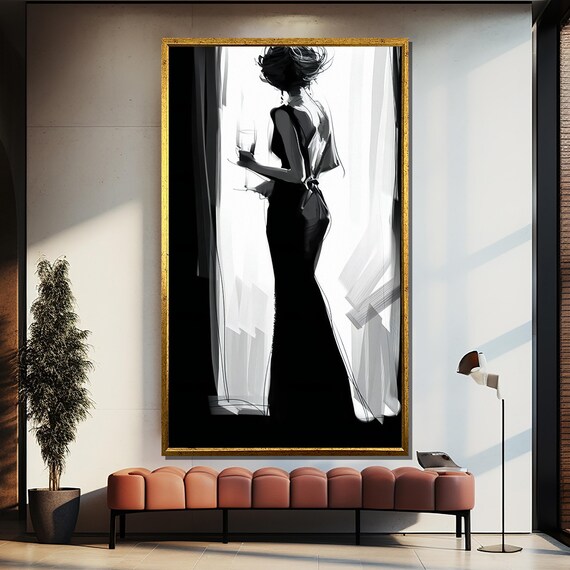 Minimalist Black White Woman Silhouette With Hat And Wine Poster