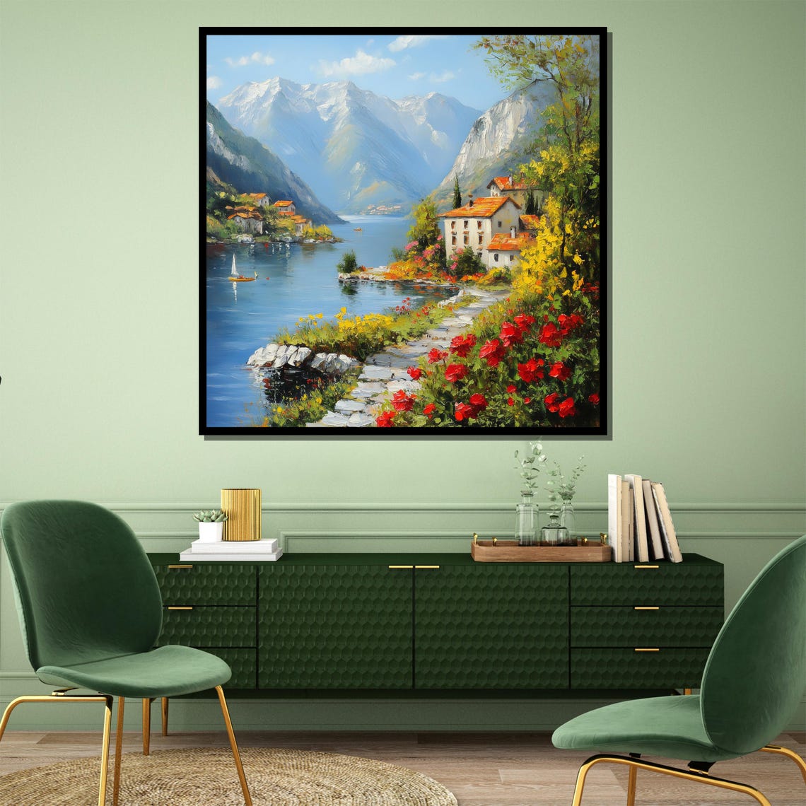 Charming Mountain Lakeside Village With Red Roofs Art Poster - Image 4