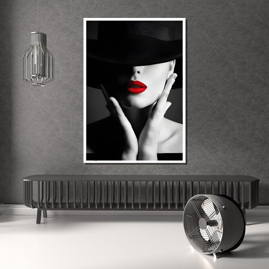 Striking Woman With Red Lips And Black Hat Black White Poster - Image 3