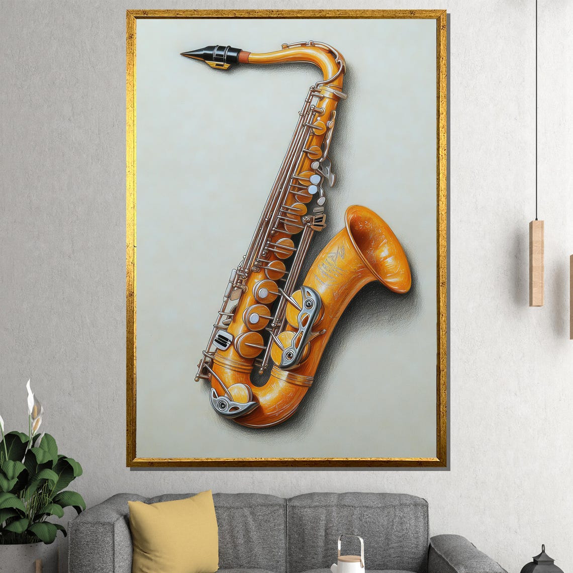 Golden Tenor Saxophone Realistic Detailed Study Elegant Art Poster