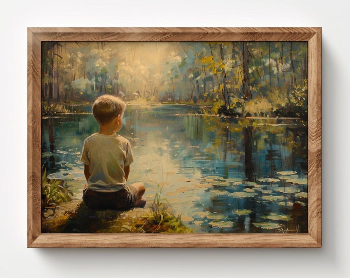 Vintage Wall Art Boy By Pond Summer Decor Print Boys Nursery Painting Antique Instant Nature