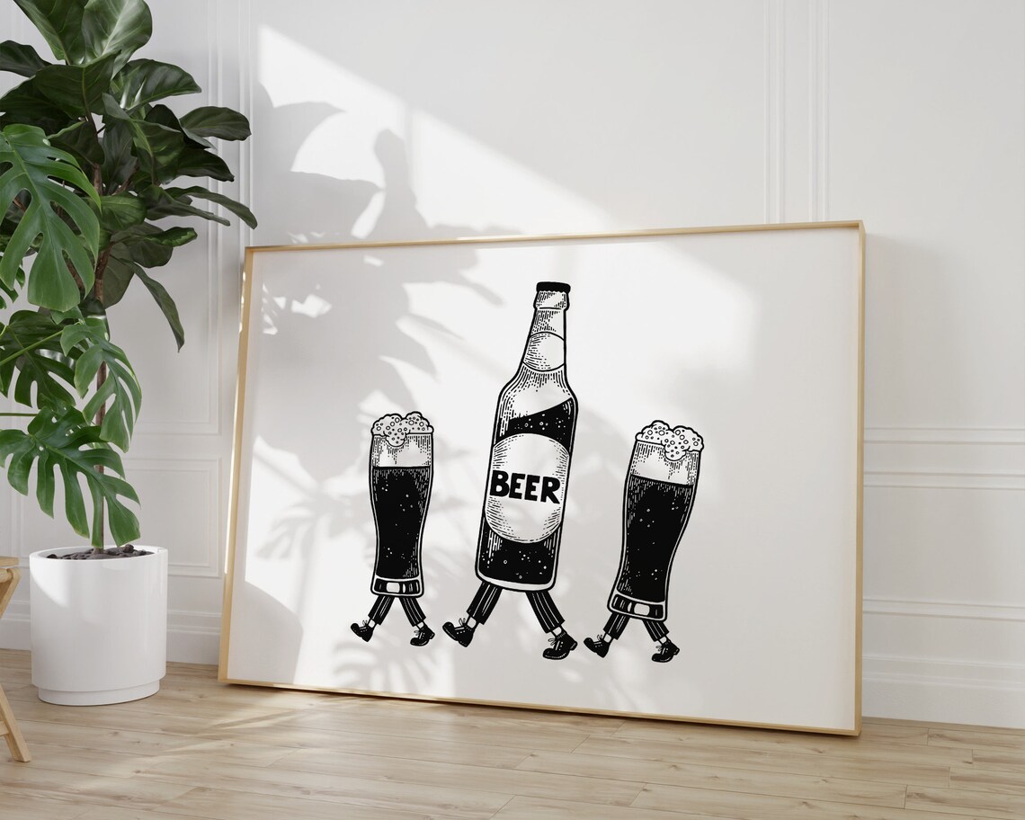 Beer Walking Bottle Funny Bar Cart Retro Illustration Drinks Art Poster - Image 3