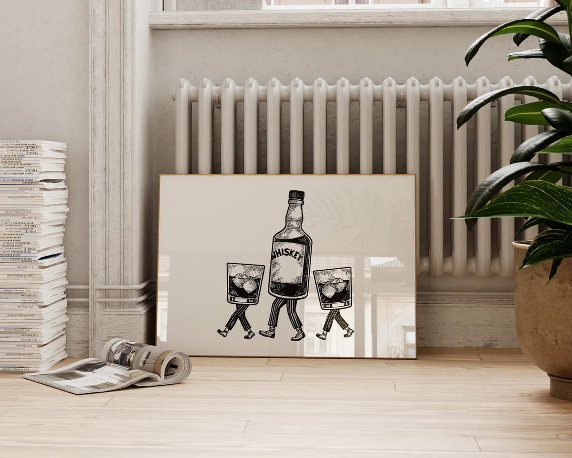 Whiskey Walking Bottle Retro Bar Cart Illustration Funny Drinks Poster - Image 3