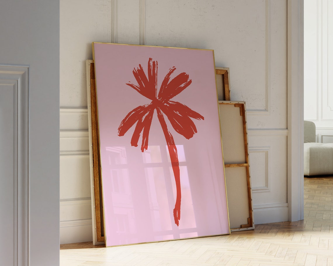 Minimalist Red Palm Tree Brushstroke on Blush Pink Botanical Poster